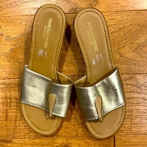 low wedge tan and platinum gold slide mules. Size 8. New-Never worn!